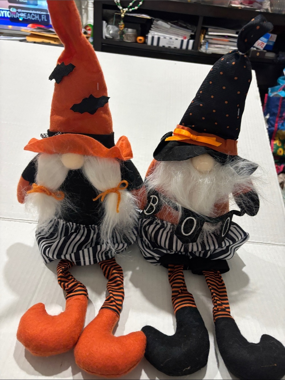 Halloween Sitting Gnome Pair - Orange & Black Witch Hats